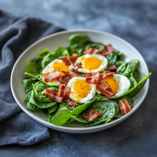 White bowl filled with vibrant greens, smoky bacon, and sliced eggs.
