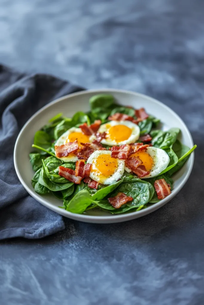 White bowl filled with vibrant greens, smoky bacon, and sliced eggs.