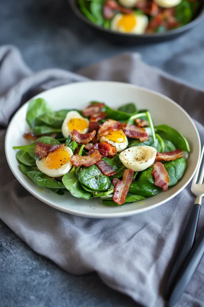 Fresh spinach leaves topped with soft-boiled eggs and crispy bacon pieces.