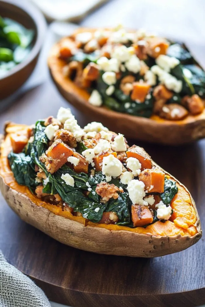Golden roasted sweet potatoes served with a hearty filling of greens and cheese.