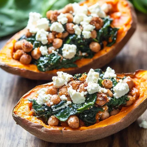 Two baked sweet potato halves filled with greens, crumbled cheese, and savory toppings.