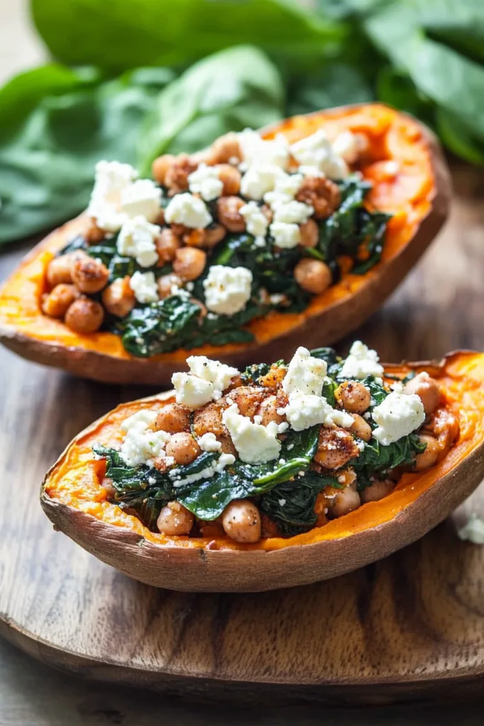 Two baked sweet potato halves filled with greens, crumbled cheese, and savory toppings.