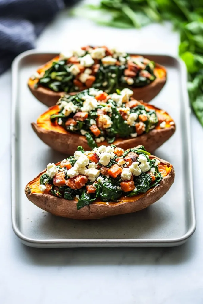 Final plated dish featuring sweet potatoes packed with colorful, textured stuffing.