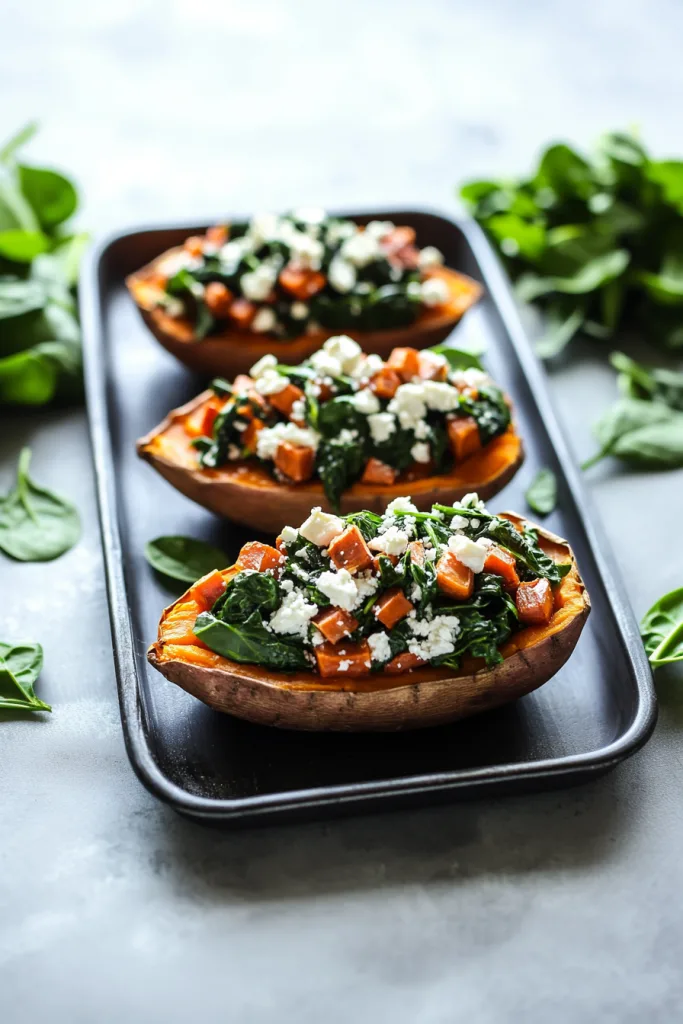 Rustic presentation of stuffed sweet potatoes on a wooden surface with fresh greens nearby.