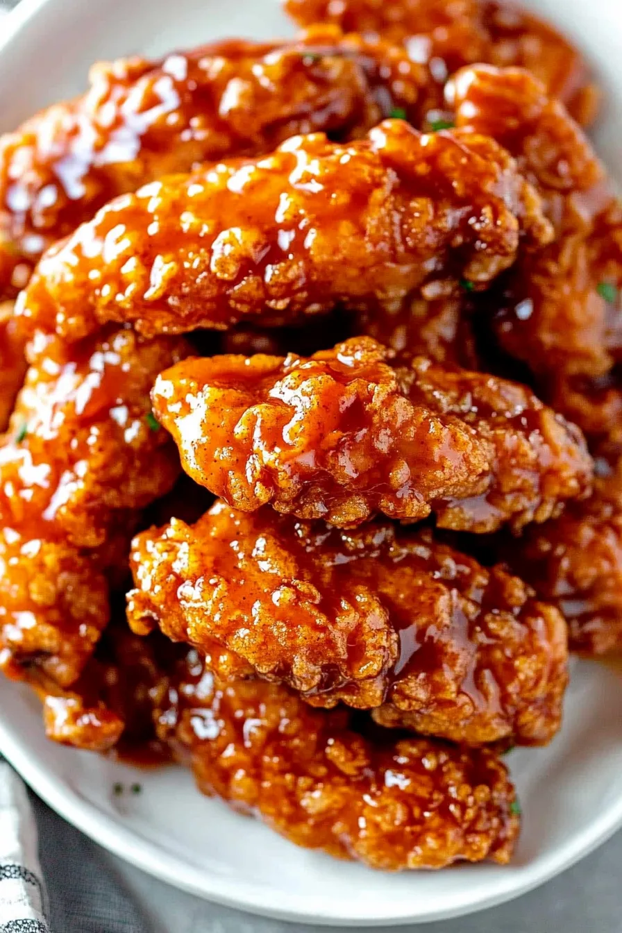 Stacked tenders showing the shiny texture of the sweet-savory glaze.