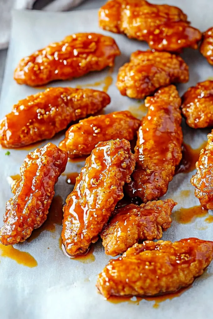 Final dish of saucy chicken tenders on a serving plate, ready to eat.