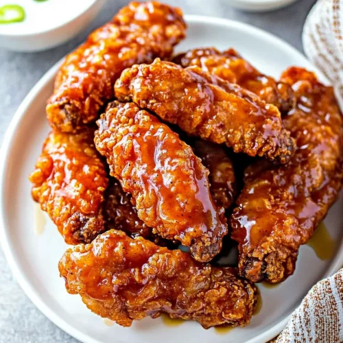Golden chicken tenders coated in glossy sauce, arranged neatly on a white plate.