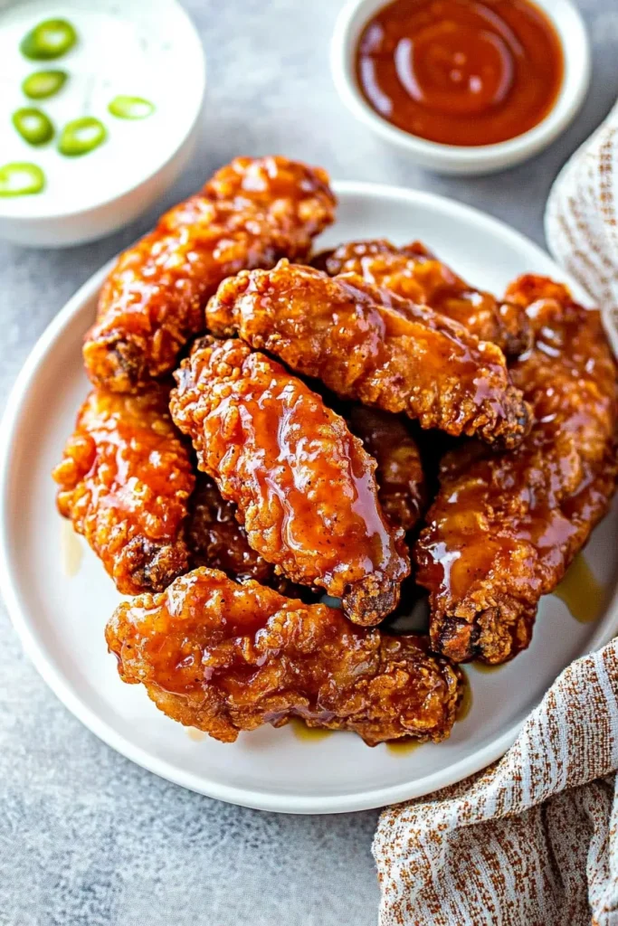 Golden chicken tenders coated in glossy sauce, arranged neatly on a white plate.