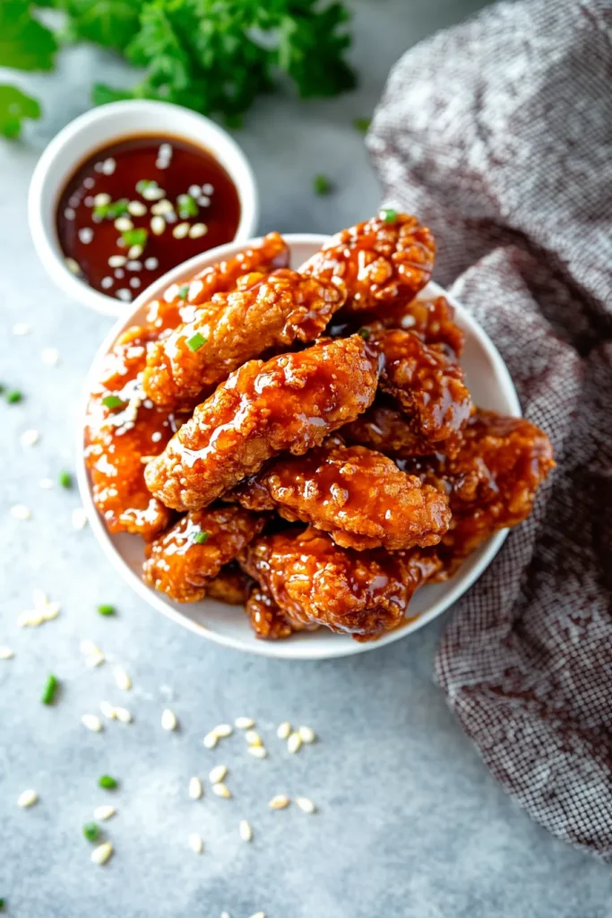 Plated chicken strips with caramelized coating, garnished lightly for presentation.