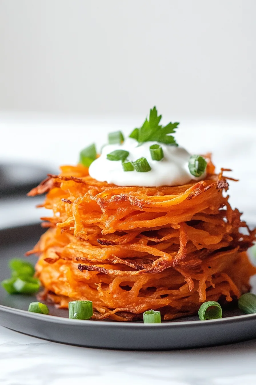 Stack of golden-brown fritters with crisp edges, topped with a dollop of creamy sauce and herbs.