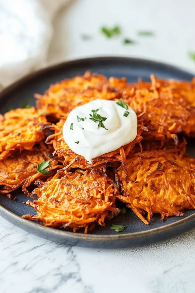 Plate of browned fritters highlighting their textured surface and contrasting creamy topping.