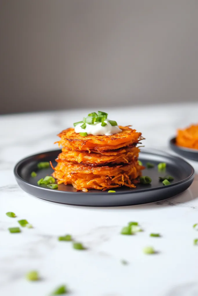 Rustic presentation of crispy hash browns, garnished with fresh parsley and sour cream.