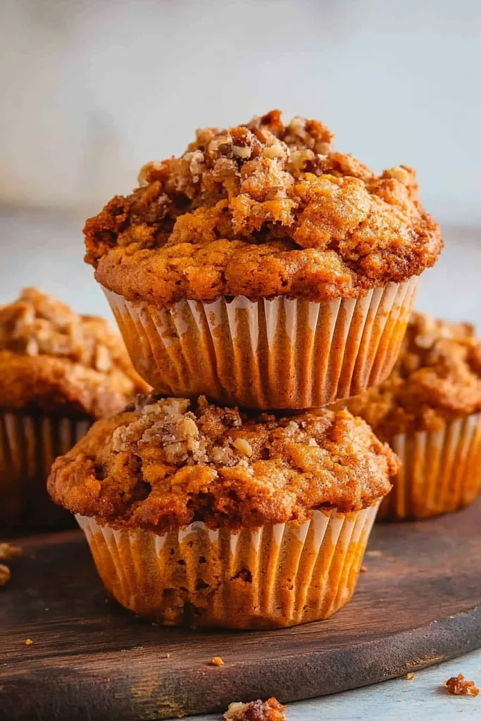 Close-up of moist, spiced muffins with a crumbly top, highlighted by warm natural lighting.