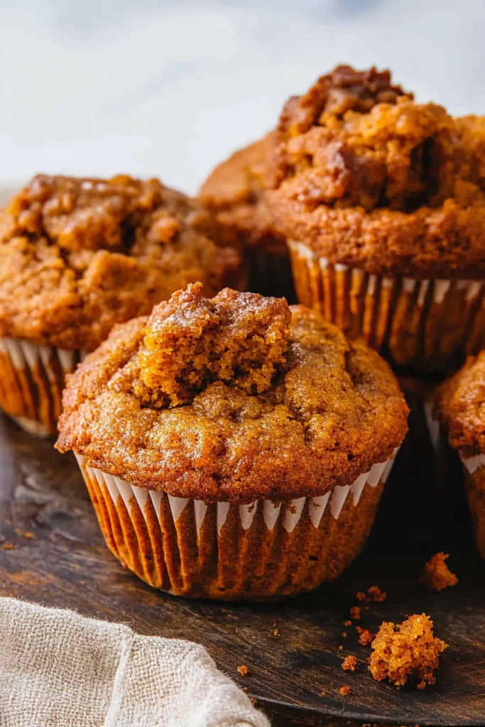 Freshly baked golden-brown muffins in white paper liners, resting on a wooden surface with scattered crumbs.