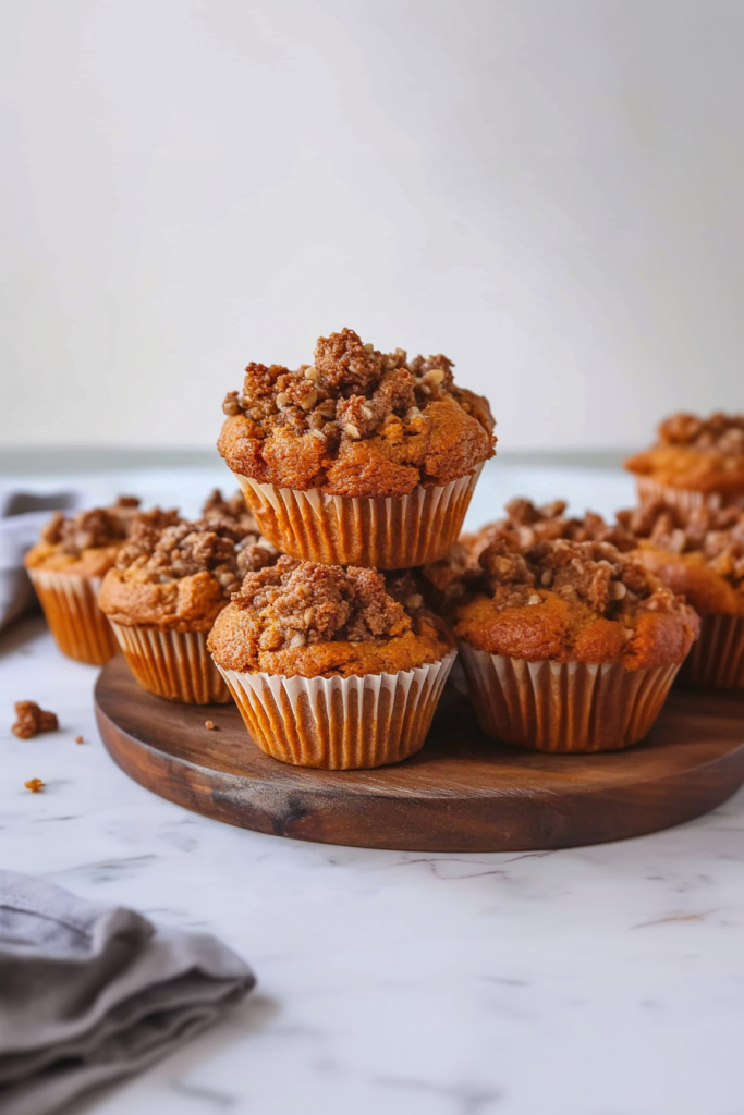 Group of warm, homemade muffins styled simply on a wooden board with a cozy feel.