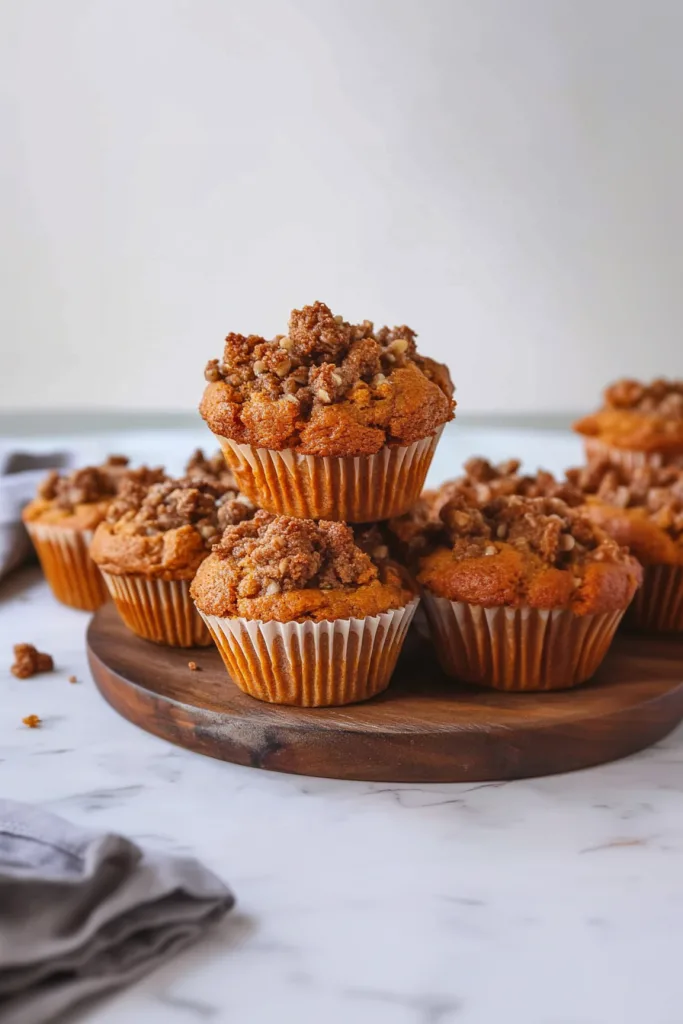 Group of warm, homemade muffins styled simply on a wooden board with a cozy feel.