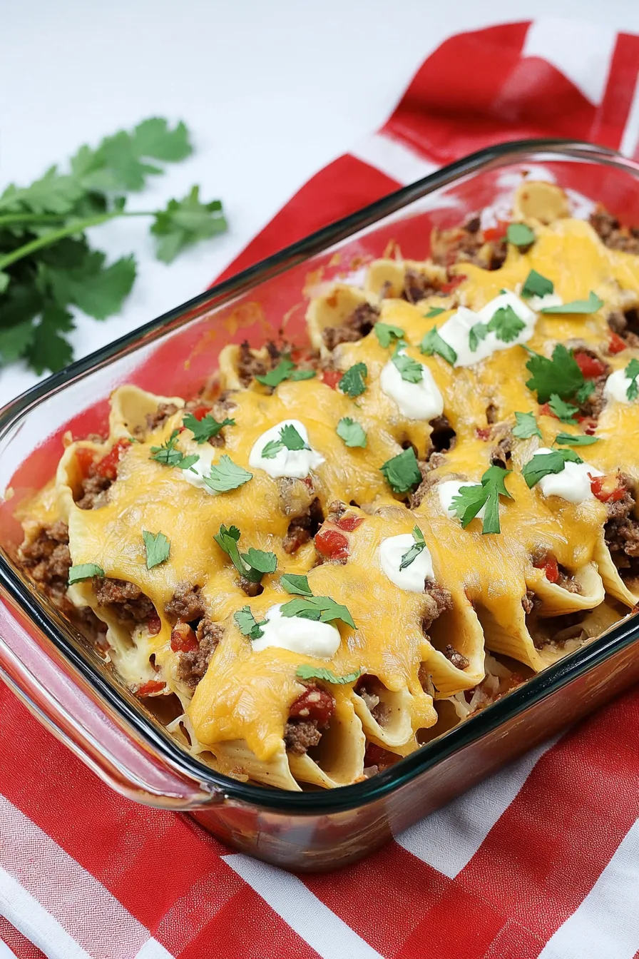 Overhead view of stuffed shells fresh from the oven, with vibrant garnishes adding contrast.