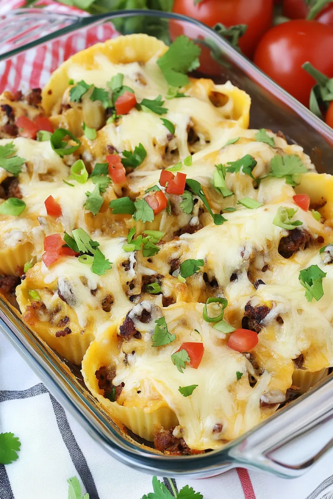 Final shot of baked shells with colorful toppings, showcasing a hearty homemade meal.