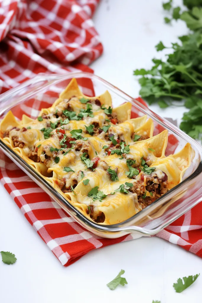 Cheesy pasta shells arranged neatly in a glass baking dish, ready to serve.