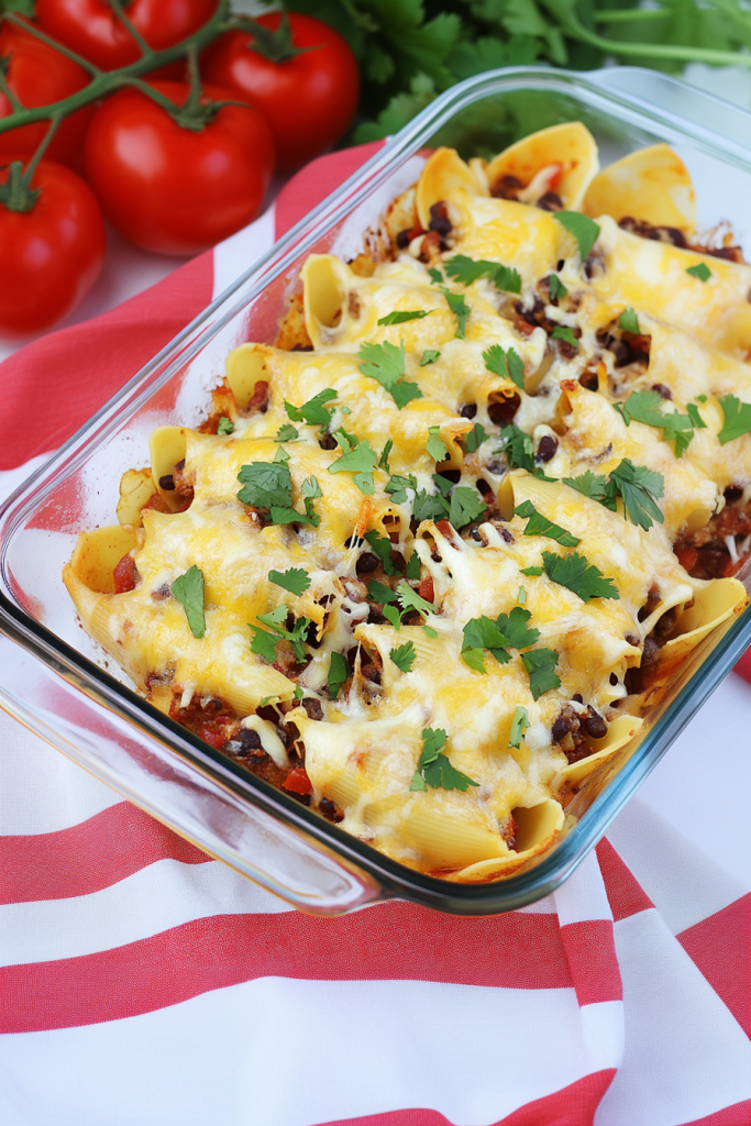 Golden baked pasta shells filled with seasoned beef, topped with melted cheese and fresh cilantro.