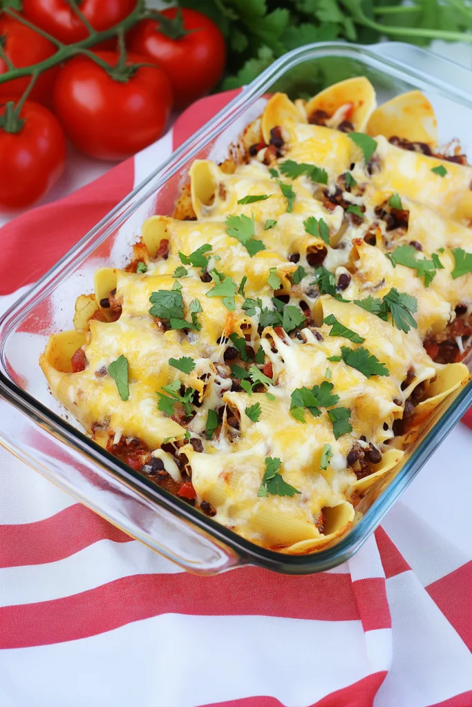 Golden baked pasta shells filled with seasoned beef, topped with melted cheese and fresh cilantro.