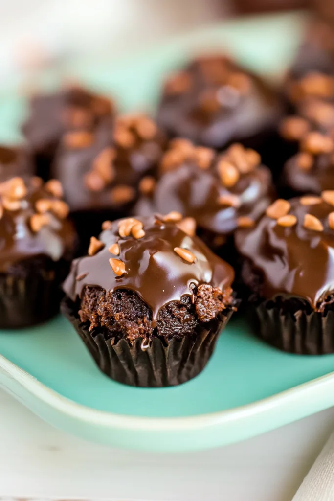 Rows of small frosted chocolate squares arranged neatly on a serving tray.