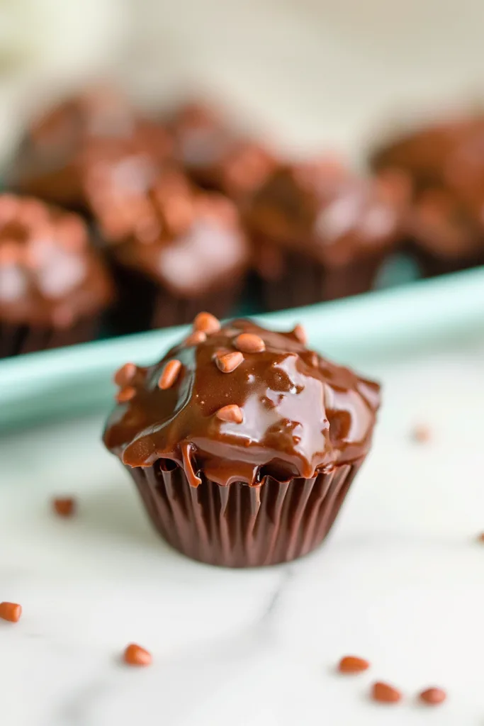 Individual chocolate cake bites with shiny glaze and a soft crumb.