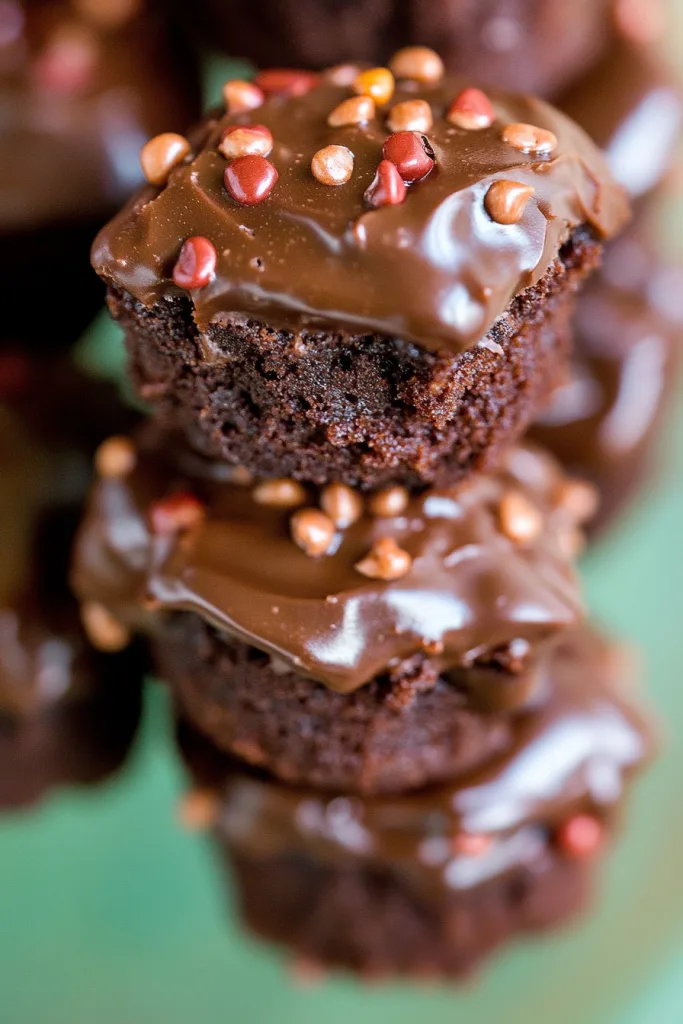 Stacked mini chocolate cakes with rich icing and a moist texture.