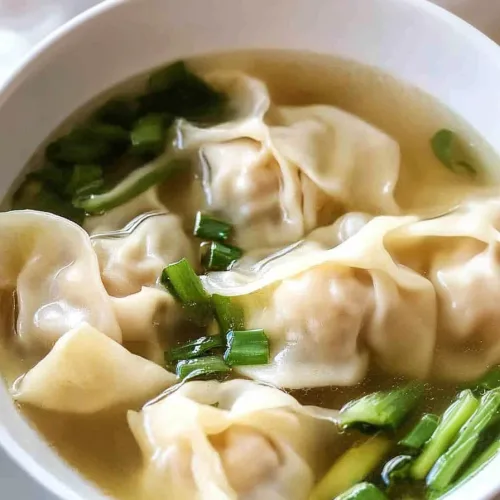 Simple presentation of soup with fresh herbs and tender wontons.