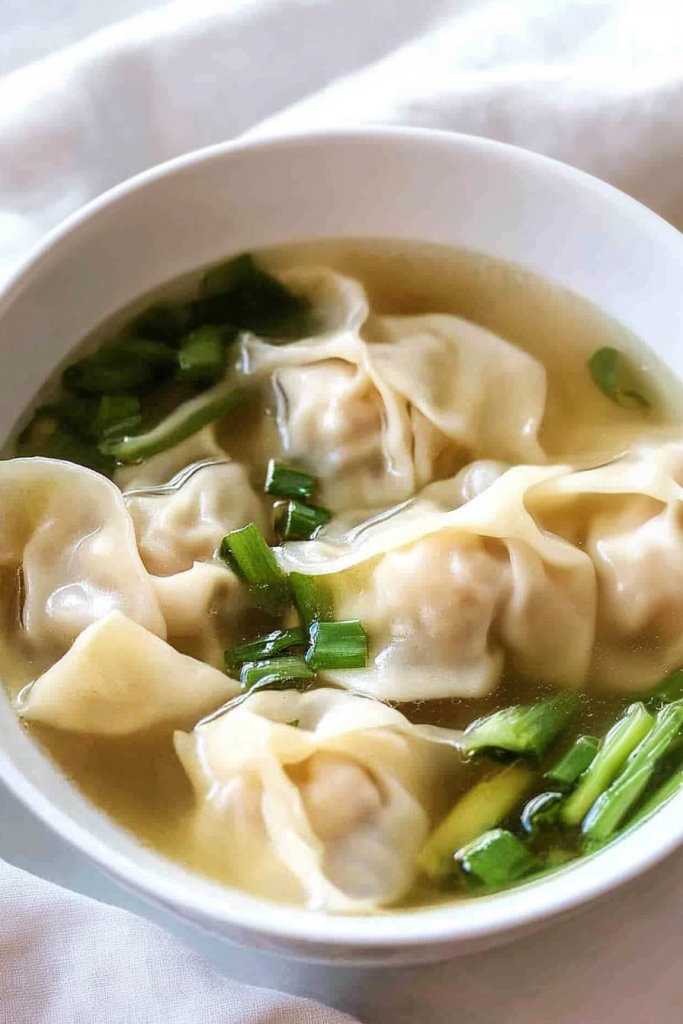 Simple presentation of soup with fresh herbs and tender wontons.