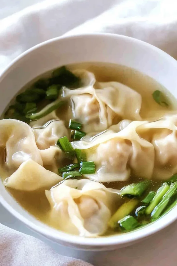 Simple presentation of soup with fresh herbs and tender wontons.