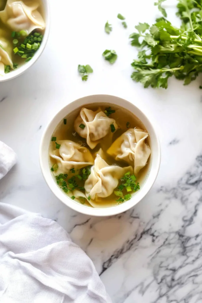 White bowl filled with delicate dumplings in clear broth.