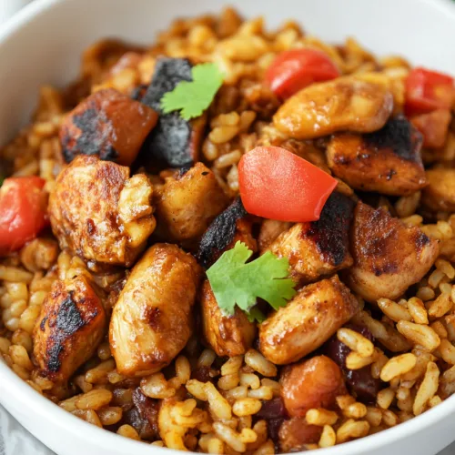 Warm, spiced rice and chicken plated simply, highlighting its rustic texture.