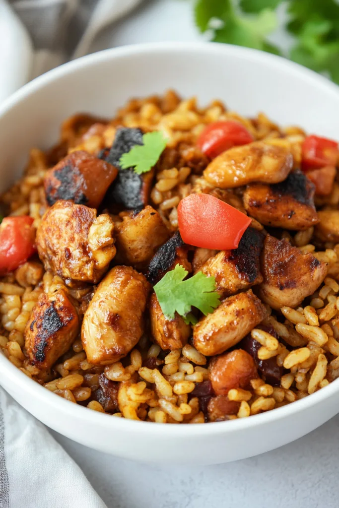Warm, spiced rice and chicken plated simply, highlighting its rustic texture.