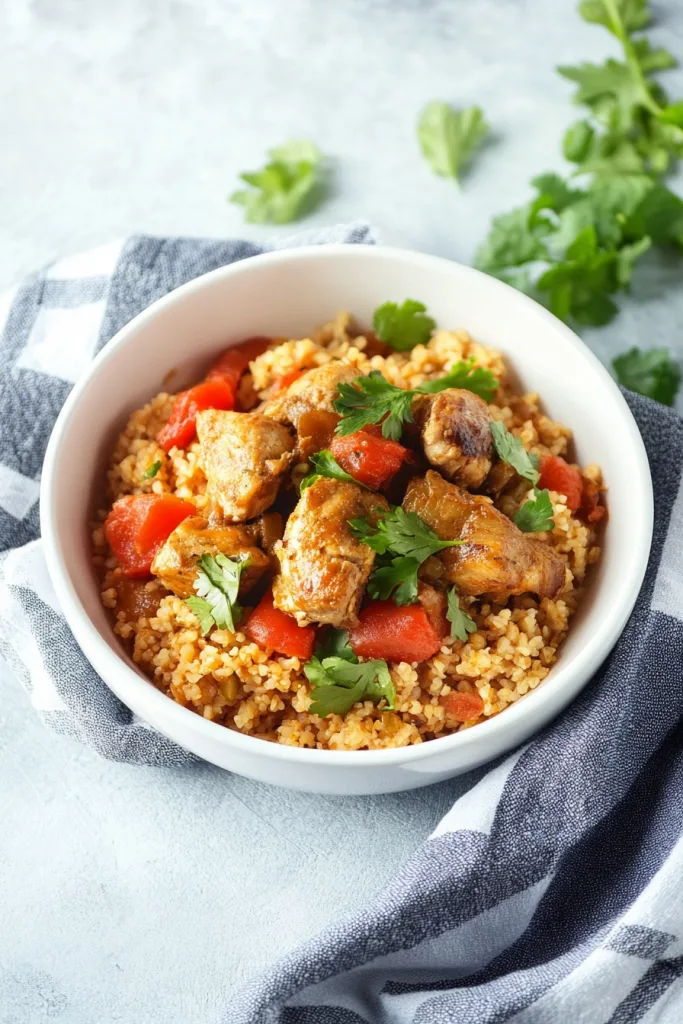 A hearty rice and chicken dish served in a deep bowl, garnished with fresh herbs.