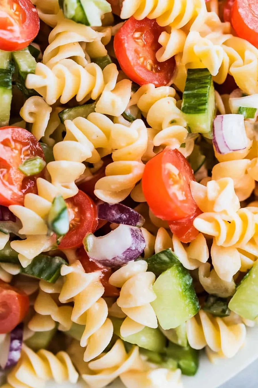 Bright salad highlighting contrasting textures of pasta, veggies, and dressing.