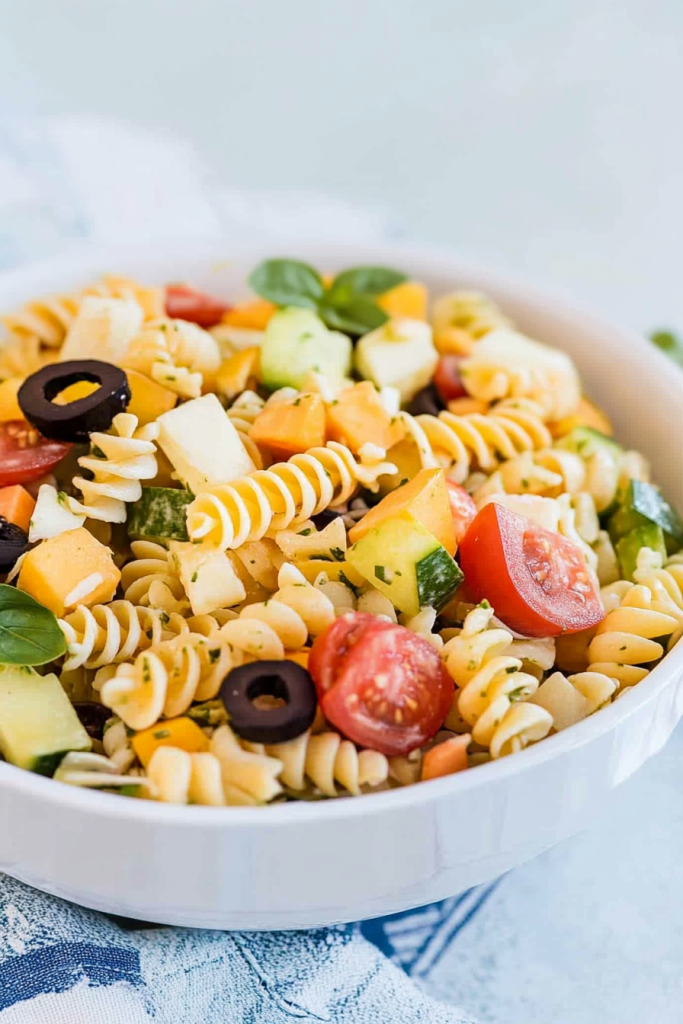White bowl filled with vibrant pasta and crisp cucumber pieces.