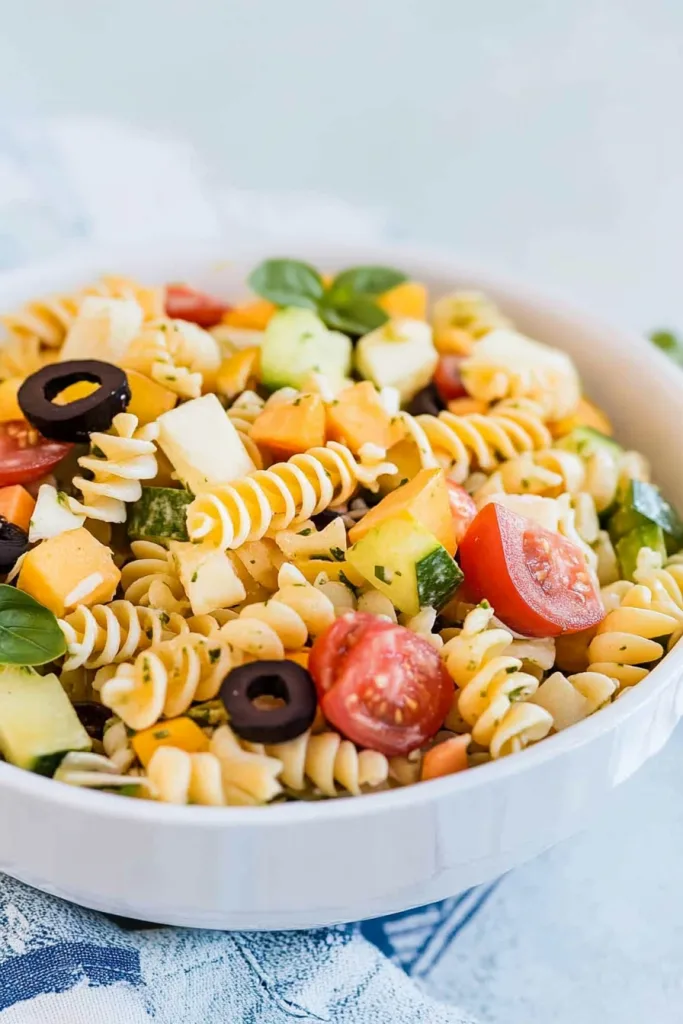 White bowl filled with vibrant pasta and crisp cucumber pieces.