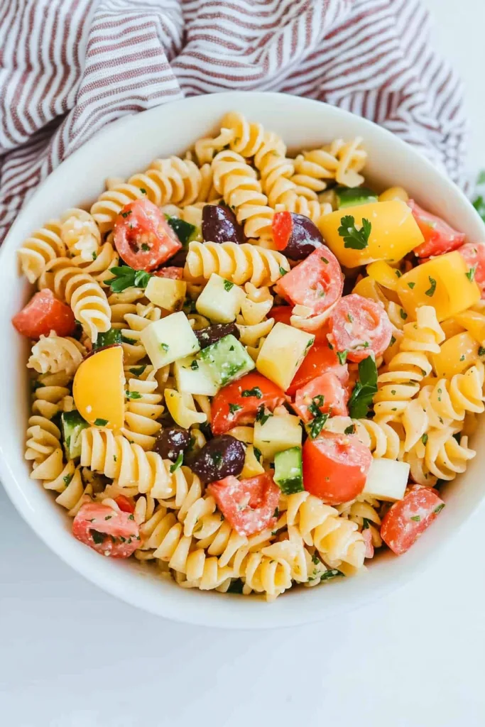 Rotini tossed with peppers, cheese, and basil leaves for a fresh look.