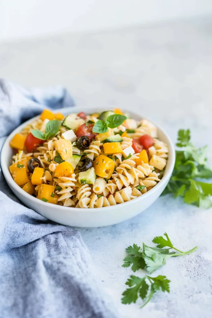 Colorful rotini pasta mixed with fresh vegetables and cheese cubes.