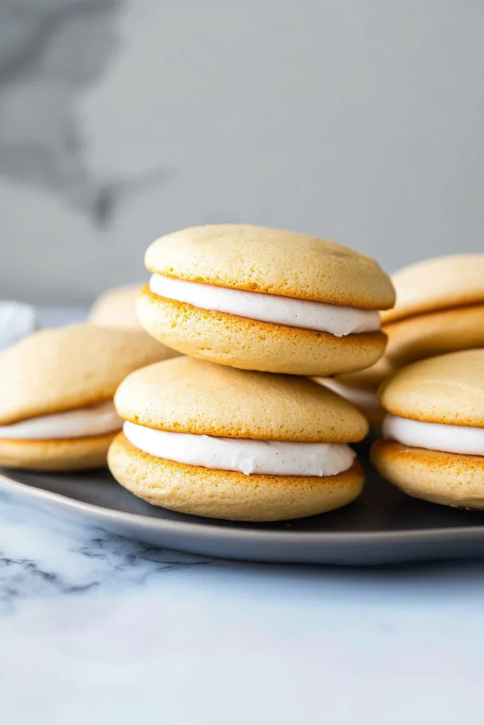 Round whoopie pies stacked neatly on a light surface.