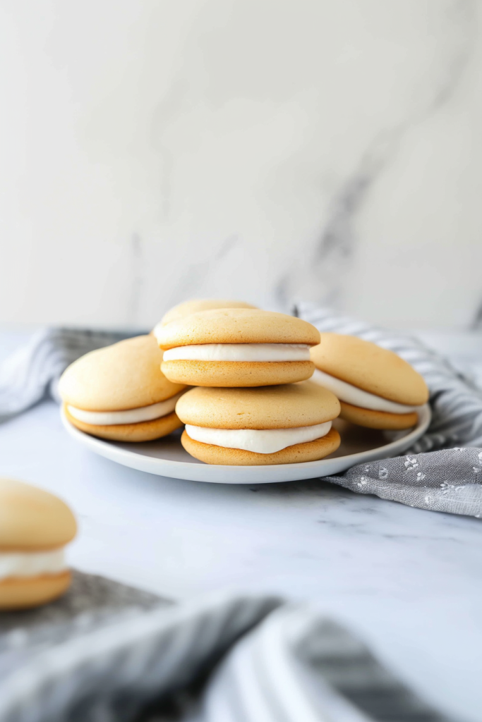 Plate of golden sandwich cookies filled with creamy white frosting.
