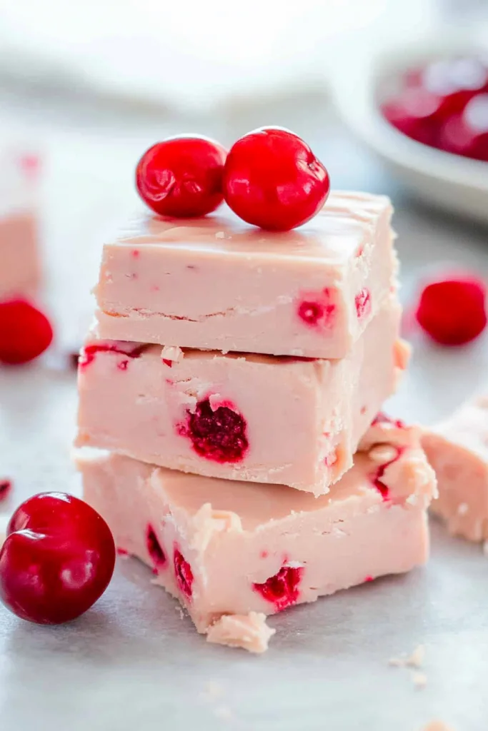 Three layers of cherry fudge stacked neatly, surrounded by fresh cherries.