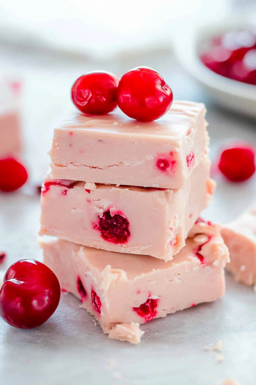 Three layers of cherry fudge stacked neatly, surrounded by fresh cherries.