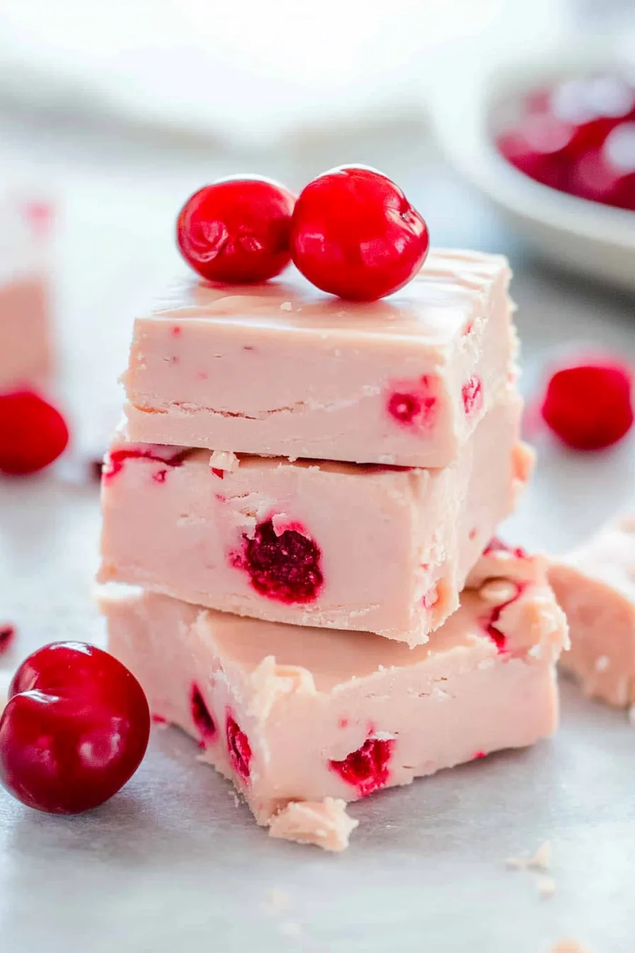Three layers of cherry fudge stacked neatly, surrounded by fresh cherries.