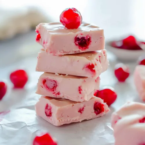 Final shot of pale pink fudge cubes with vibrant cherries scattered around.