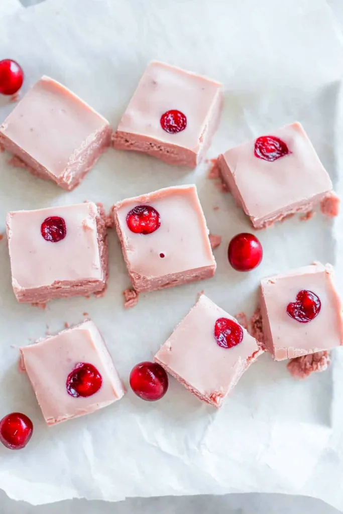 Overhead view of cherry-studded fudge, garnished with whole cherries.