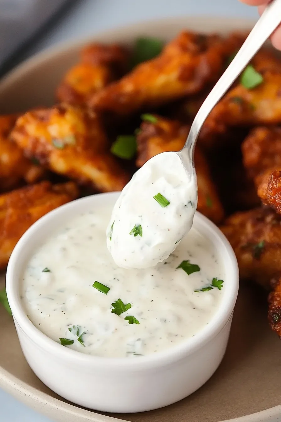 Appetizer presentation with wings and a creamy white dip on the side.
