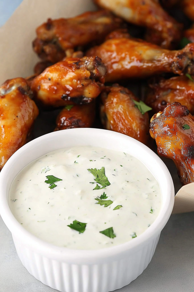 Crispy wings coated in glossy sauce, garnished with parsley.
