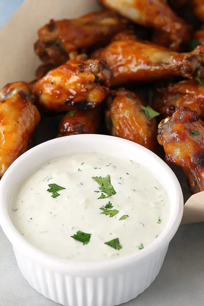 Crispy wings coated in glossy sauce, garnished with parsley.